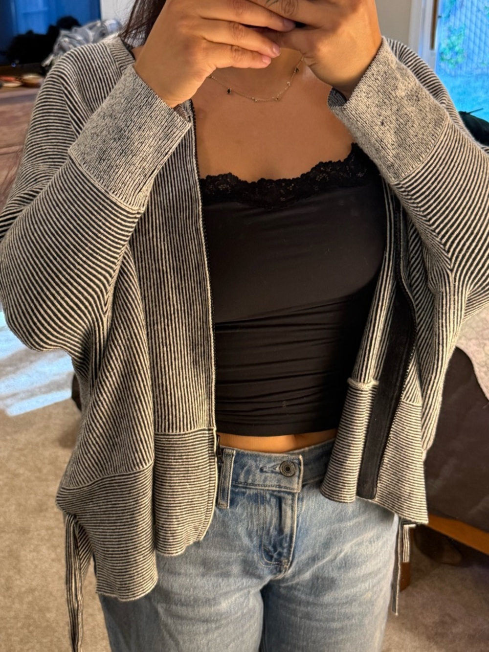 Striped Open-Front Women's Cardigan Sweater - Black & White